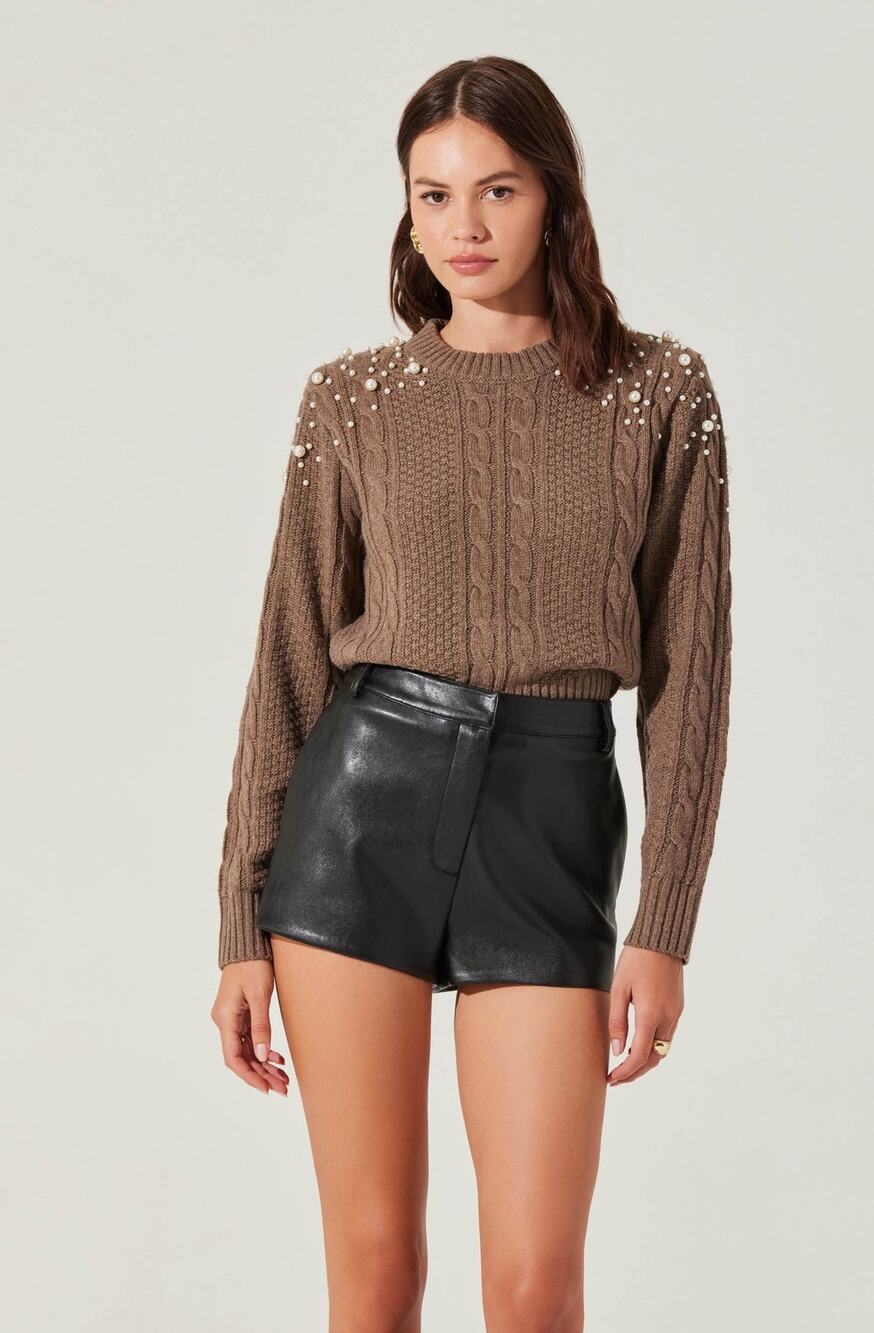 ASTR The Label Pearl Embellished Cable Knit Sweater Taupe Brown NEW Size Medium